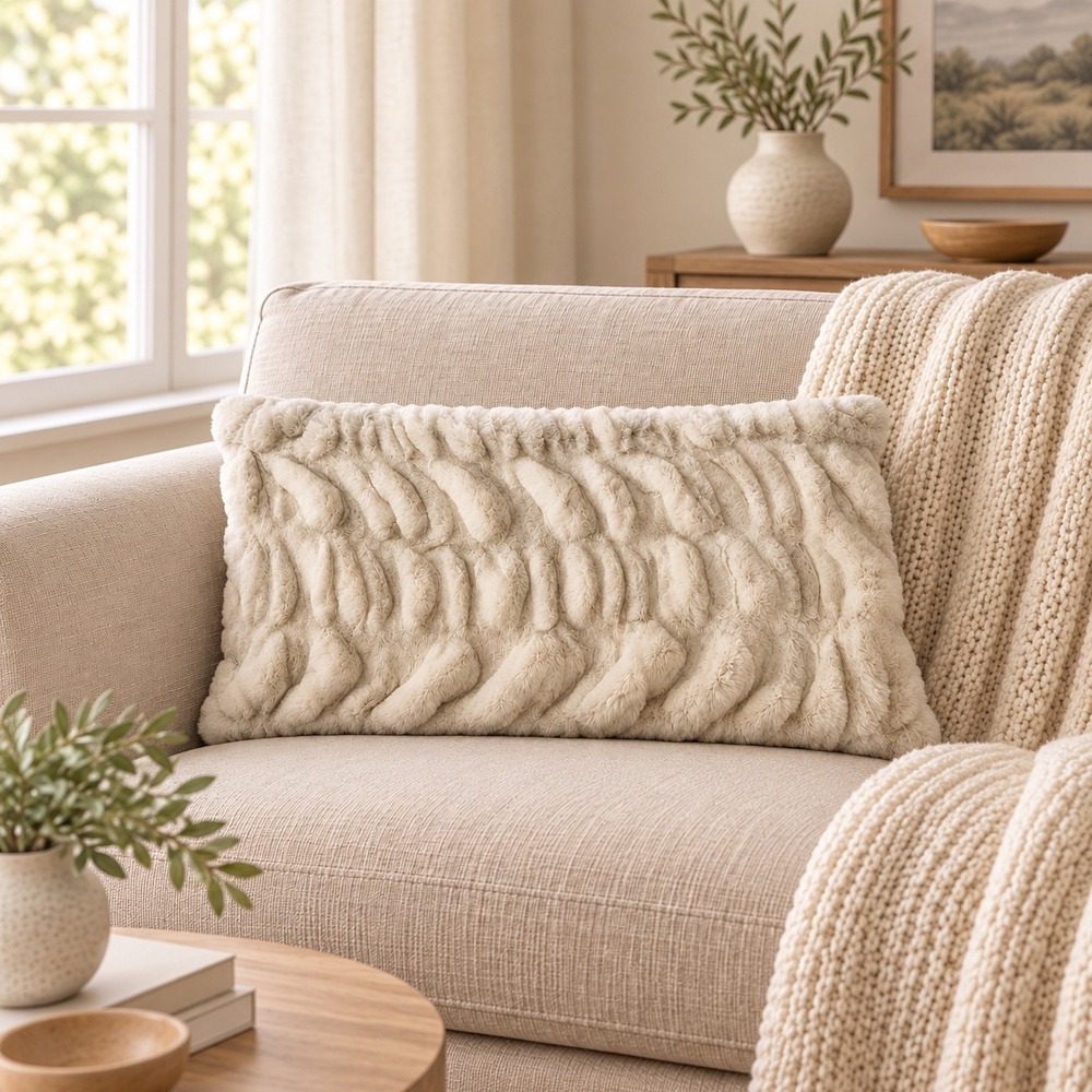 Pottery Barn Faux Fur Ruched Lumbar Pillow Cover Ivory Cream 16x26